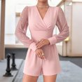thumbnail image 6 of Tawop Womens Dress Jumpsuits Women's V-Neck Fitted Waist Long-Sleeved Mesh Patchwork Straight-Leg Shorts Jumpsuit, 6 of 8
