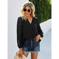 thumbnail image 4 of Womens Chiffon Blouse V Neck Pom Pom Tops Long Sleeve Swiss Dot Shirts, Black, X-Large, 4 of 5