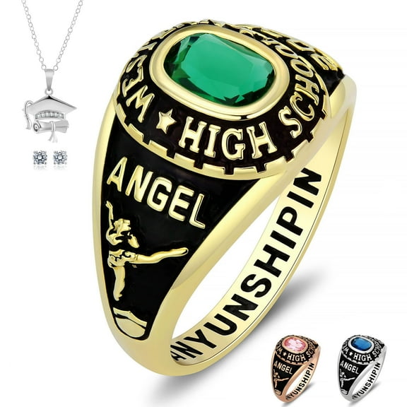 Ccjcinata Customized Sterling Silver High School and College Class Ring for women pride ring graduation rings for women Classic Collection Fully Personalized (Sterling Silver - Gold Plated)