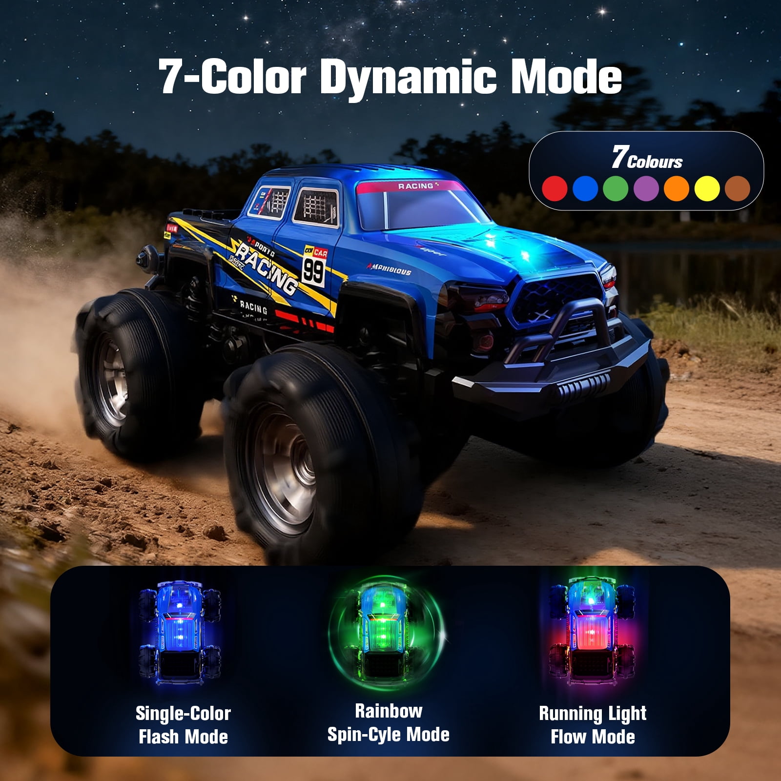Amphibious RC Monster Truck/Boat, IPX7 Waterproof Remote Control Car, 2.4GHz 4WD RC Car 360°Rotation,LED Light,40mins Play RC Truck Toys for Kids Boys 6-12