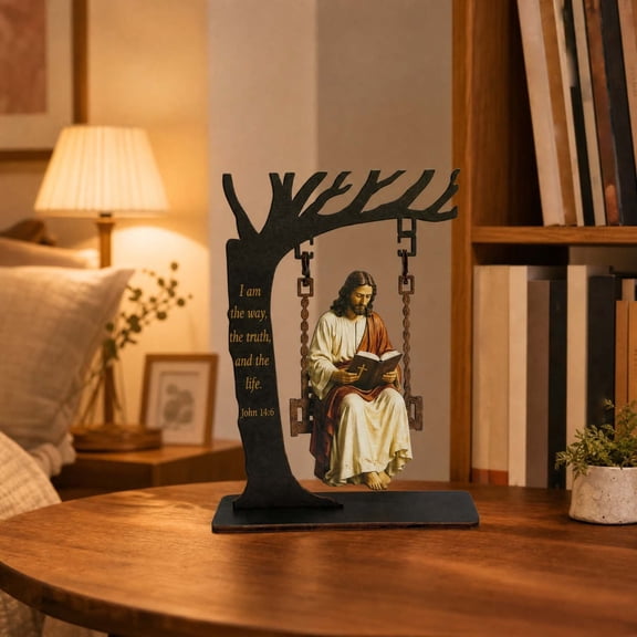 Yardvibe Christian Jesus Swing Decor, 7.87" Christian Bible Verse Home Table Decoration, Christian Wood Gift for Positive Office Decors, Motivational Scripture Gift
