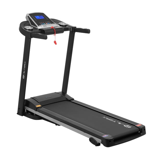 caminadora eléctrica 2 hp Altera negro, vista 3/4 frontal con consola y pantalla azul; cinta plegable con pistón de descenso lento, barras verticales y ruedas de traslado, soporte derecho con control de velocidad y clip de seguridad rojo. Con Bluetooth y app Fitshow, 12 programas automáticos, 3 manuales y 1 prueba de aptitud física, apta para entrenamiento en casa.