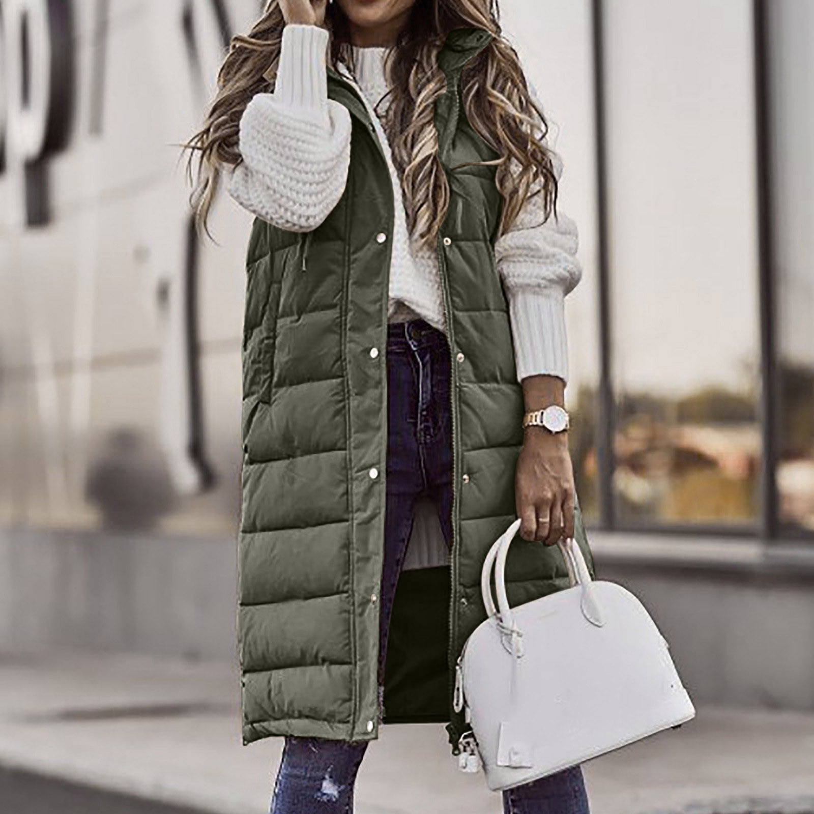 IROINID Women s Winter Warm Mid Long Coat Solid Color Zip Up Parka Long Sleeve Outwear Army Green Walmart