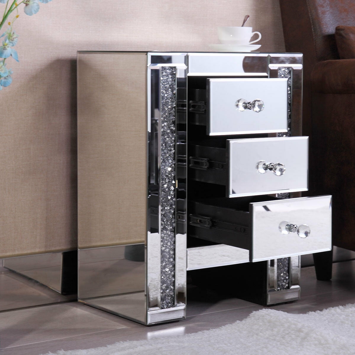 Kepooman Night Stand with 3 Storage Drawers, Contemporary Furniture Mirrored End Table Organizer for Bedroom Living Room - Silver Kepooman Night Stand with 3 Storage Drawers, Contemporary Furniture Mirrored End Table Organizer for Bedroom Living Room - Silver