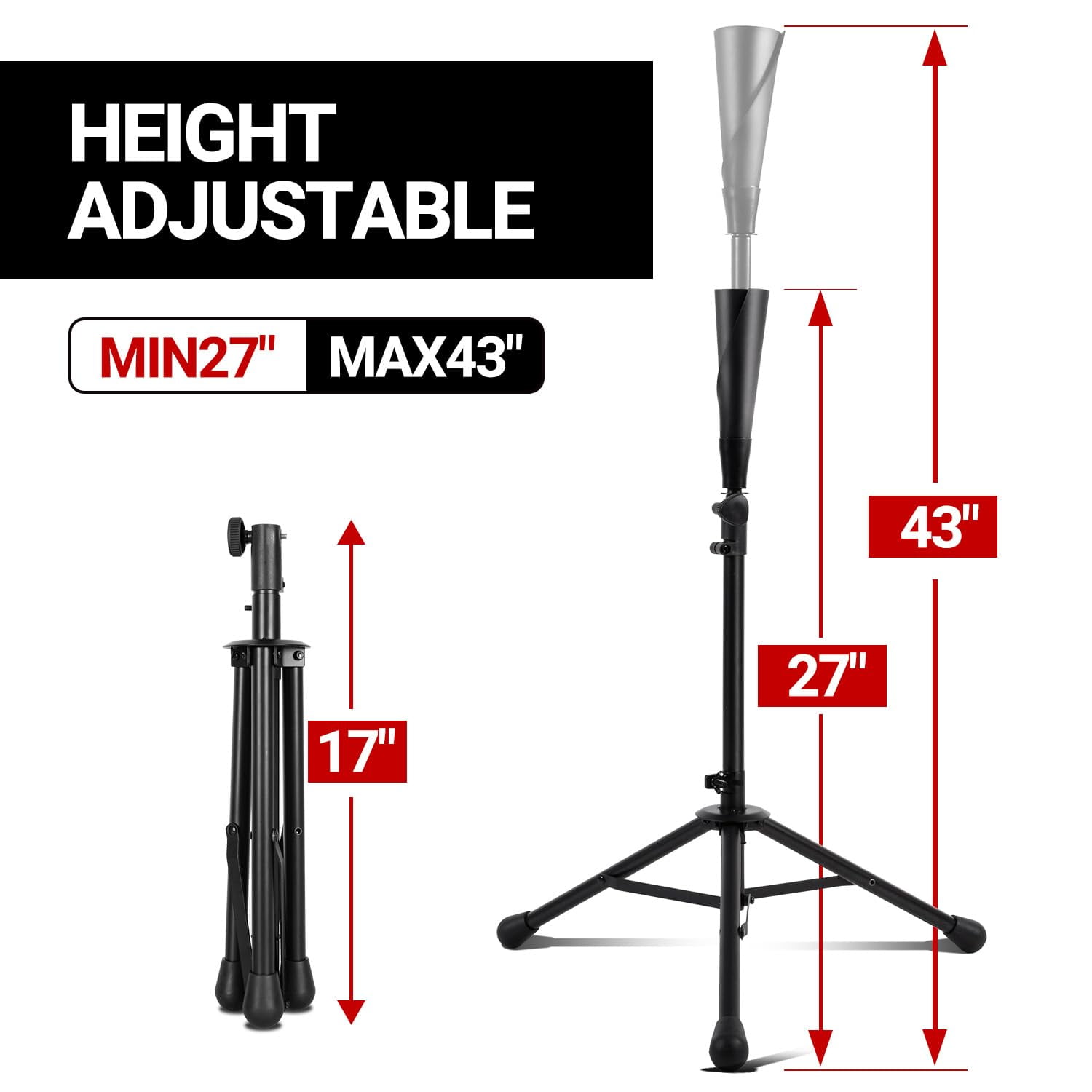 FITPLAY Baseball Batting Tee, 27" to 43" Adjustable Height with Tripod Stand Base, Black