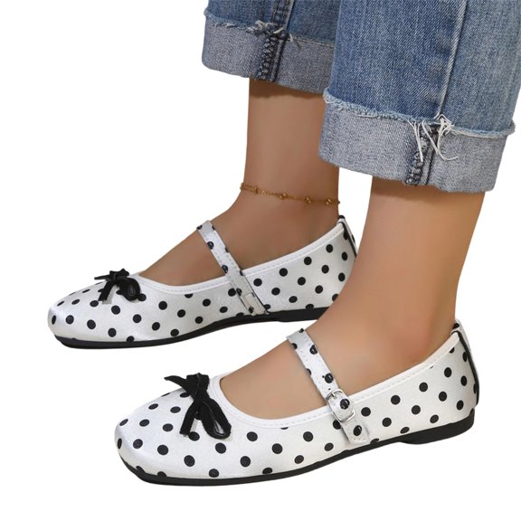 HTHLVMD Womens Polka Dot Flats, Women's Polka Dot Mary Jane Flats with Bow Detail, Adjustable Buckle Casual Shoes, Soft Lightweight Comfortable Footwear for Work, School, and Everyday Wear, White 8