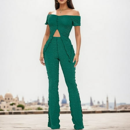 

Women s Solid Color Off Shoulder Pleated Short Sleeve Jumpsuit Set