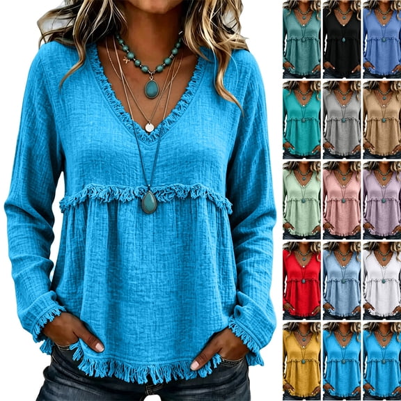 WULMLEO Womens Dressy Blouses Long Sleeve V Neck Pullover Shirts Flowy Boho Tops Trendy Fall Winter Going Out Clothes Blue S