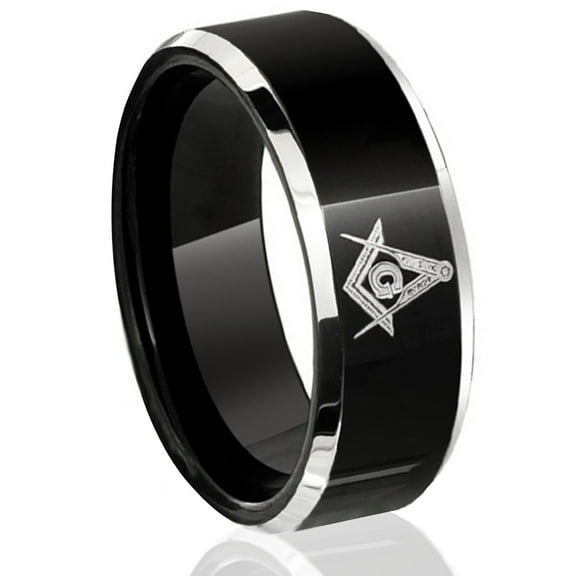 Tungsten Wedding Band Ring Men's Black and Silver Polished Masonic Mason Symbol Knights Templar