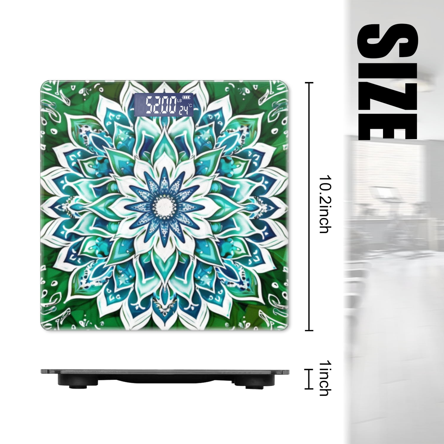 High Precision Body Weight Scale Smart Bathroom Scales with Large LCD Display(400lbs),Decorative for Bedroom-Green And Blue Patterned Background With White Mandala