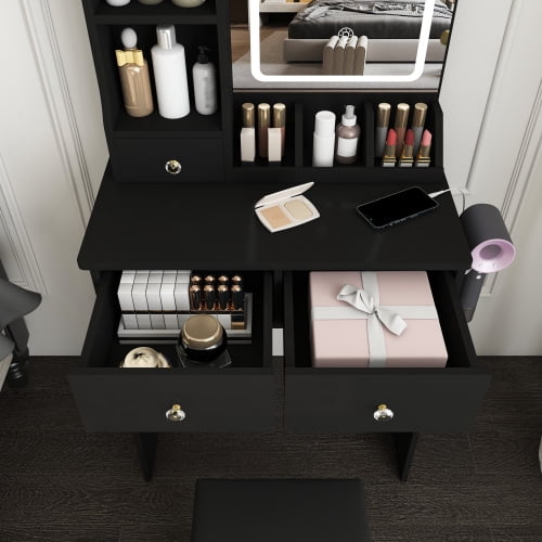 Modern small Vanity Desk ,featuring 3 modes of LED lighting with adjustable brightness, 3 drawers and multiple open storage shelves, a hair dryer holder and power socket, and a dressing chair. black
