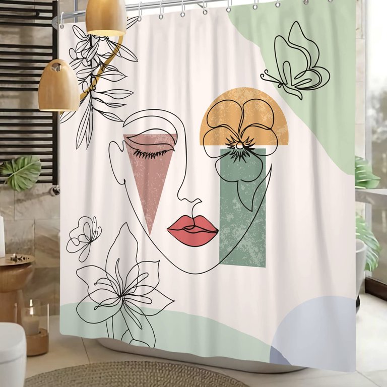 Abstract Lines Face Shower Curtain/ Women Face Polyester Fabric Waterproof  Shower Curtains / Bathroom Shower Curtain With Hooks /art Decor 