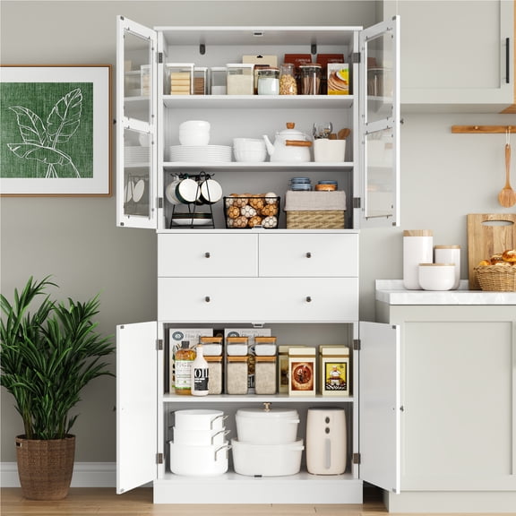 Homfa 71'' Tall Pantry Cabinet with 5-Tier Shelves & 3 Drawers for Kitchen Dining Room, 4 Doors Storage Cabinet Bookcase for Home Office , White