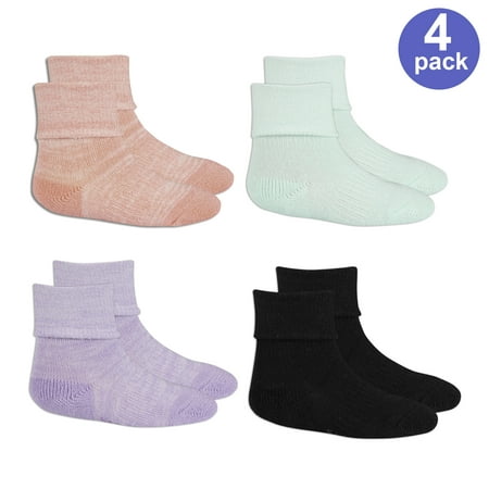 Fruit of the Loom Roll Cuff Stay-On Non-Skid Perfect Socks, 4-Pack (Baby Girls & Toddler