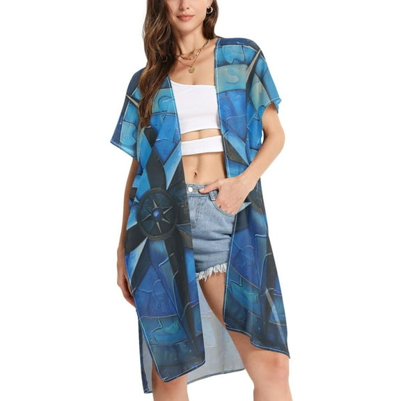 ALAZA Women's Beach Cover Up Compasses Blue Kimono Swimsuit Summer Cardigan Swimwear M