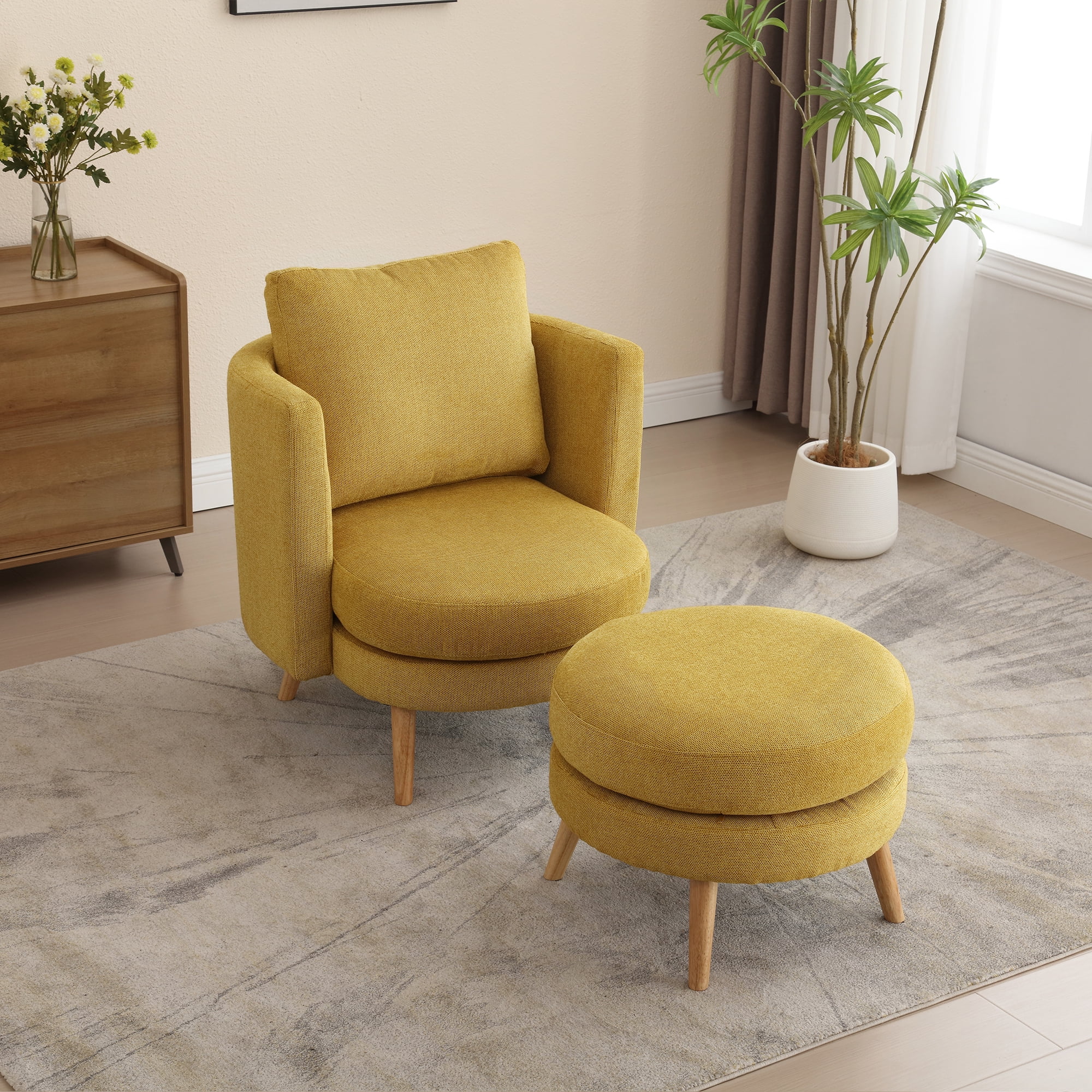 30.7"W Accent Chair with Ottoman,Upholstered Single Sofa with Throw Pillow & High Armrest,Comfort Reading Chair with Wooden Leg for Living Room Bedroom Dorm Room Office,Mustard