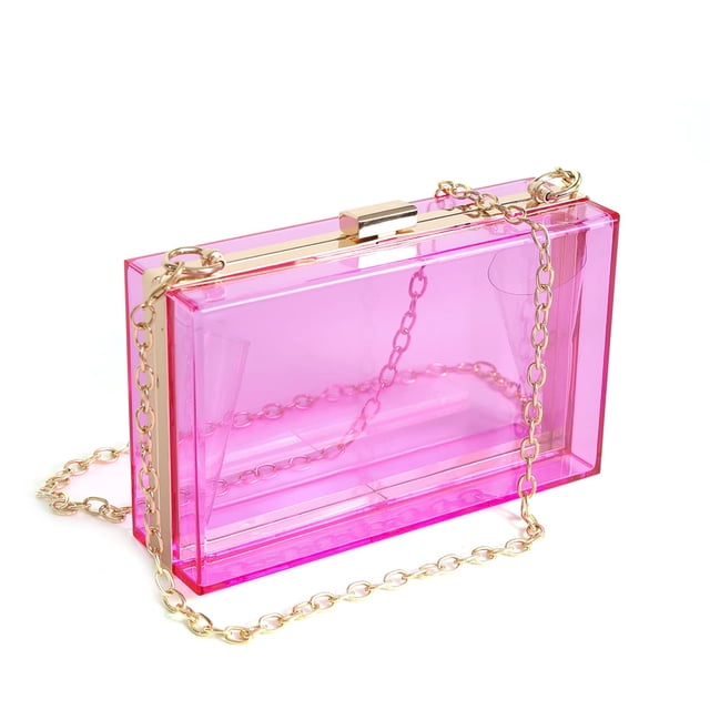 WJCD Bolso de mano transparente con caja de acrílico para mujer, bolso de noche cruzado pequeño y transparente, correa de cadena dorada aprobada por el estadio