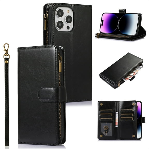 ELEHOLD for iPhone 15 Pro Wallet Case with 9 Card Holders Zipper Pocket Kickstand Soft PU Leather Flip Shockproof Protective Cover with Wrist Strap Business Style for Women Men,black