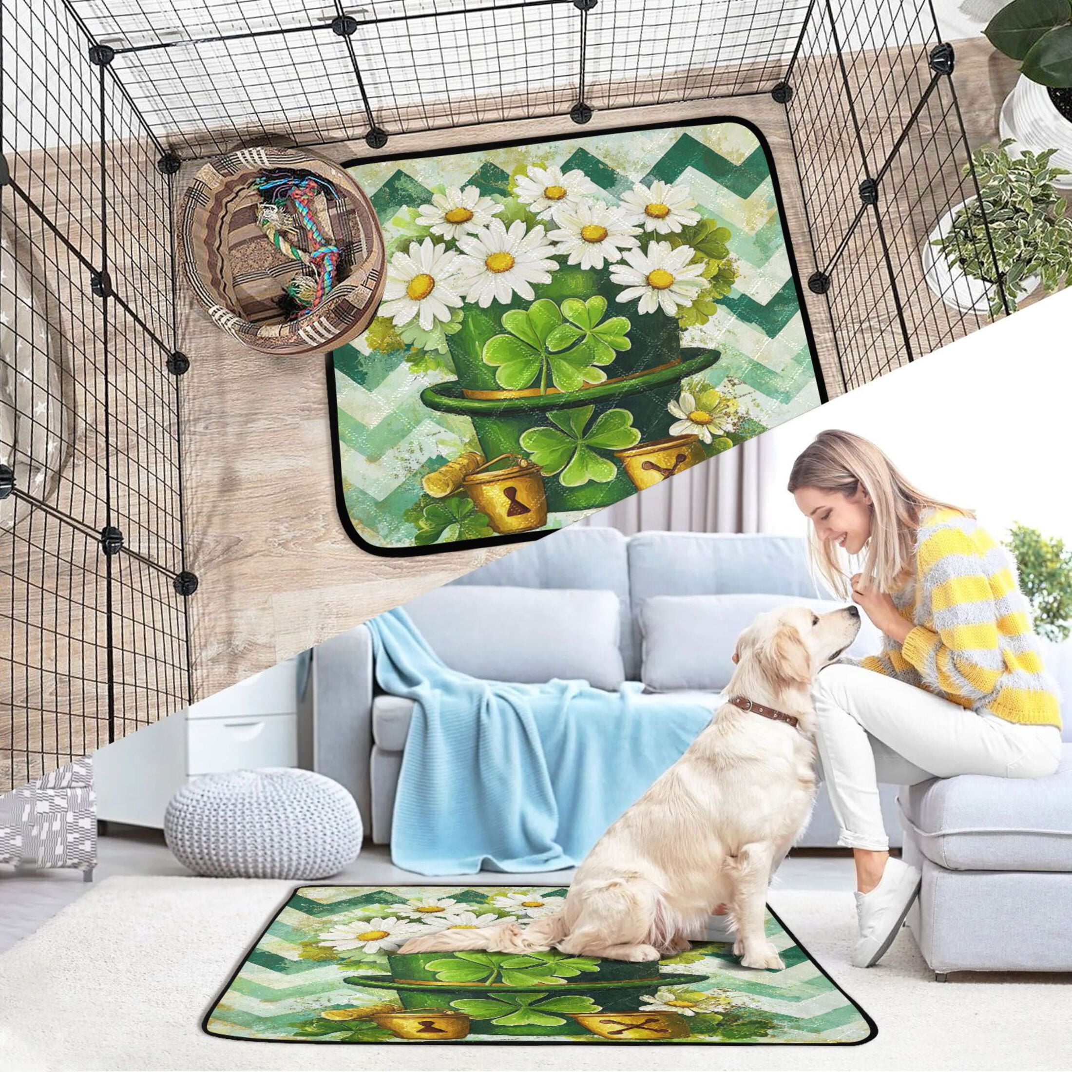 Qxltty St Patricks Daisies Hat Cat litter Pads Pet Set of 3 Diaper Mats Center Anti-leakage Layer Absorbent Soft and Comfortable