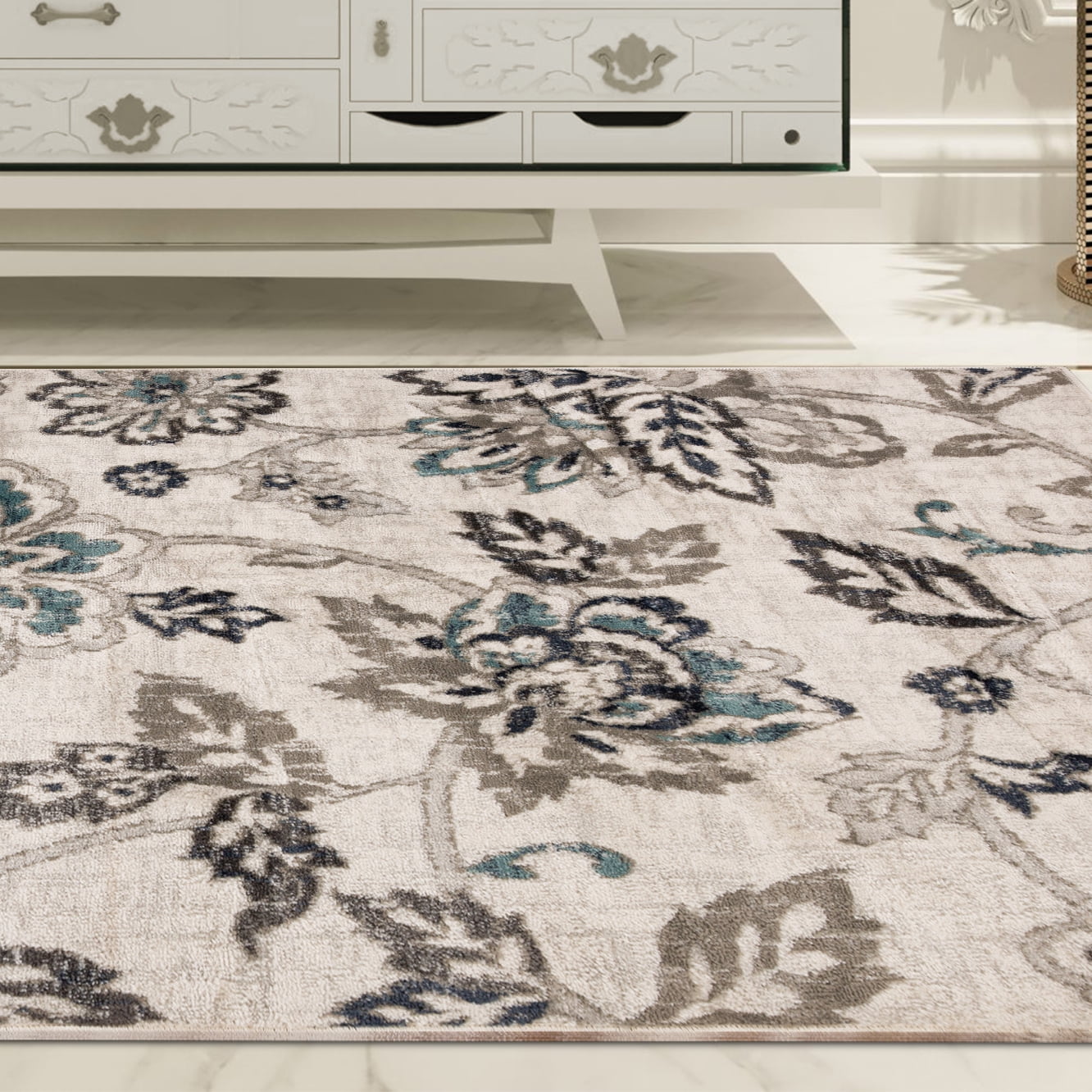 Floral Botanical Jacobean Area Rug, 8' x 10', Deep Royal