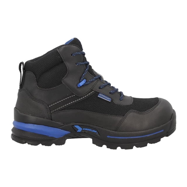 botas casquillo hombre pro cliff protection negro 25.5 bota de trabajo negra con casquillo de poliamida, caña media y agujetas; piel con paneles de malla, suela ranurada con detalle azul y tira trasera para calzar; suele usarse también para labores industriales y en obra.