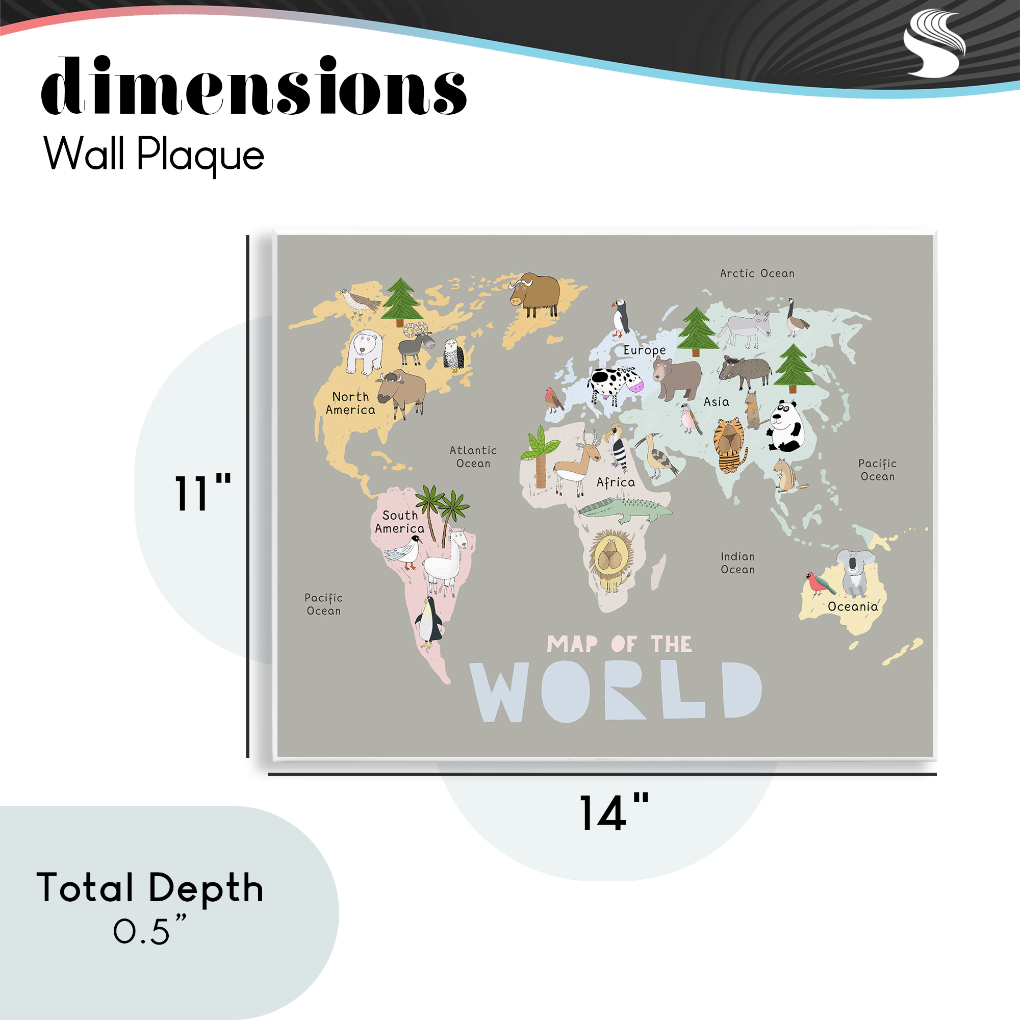 Kid's Map Of World Grey Wall Plaque Art, design by Carla Daly