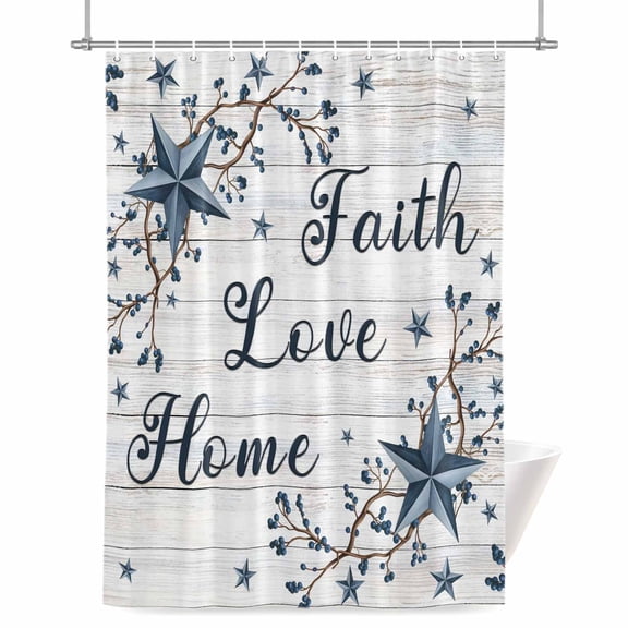 Blue Texas Star Shower Curtain, Vintage Berry Faith Love Home Country Wood Grain Waterproof Shower Curtain Set with 12 Hooks Lightweight Bath Curtains Fabric Bathroom Decor 36x72 Inches
