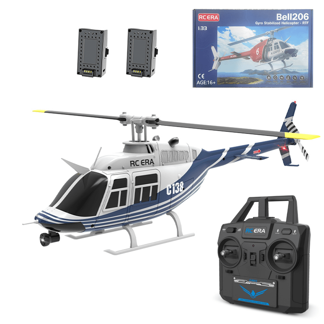 RC-ERA C138 Bell 206 6CH RTF RC Helicopter 2.4GHz Single Rotor Aircraft with Altitude Hold, Optical Flow Positioning, 6 Axis Gyro, One Key Takeoff Landing for Adults - 2 Battery