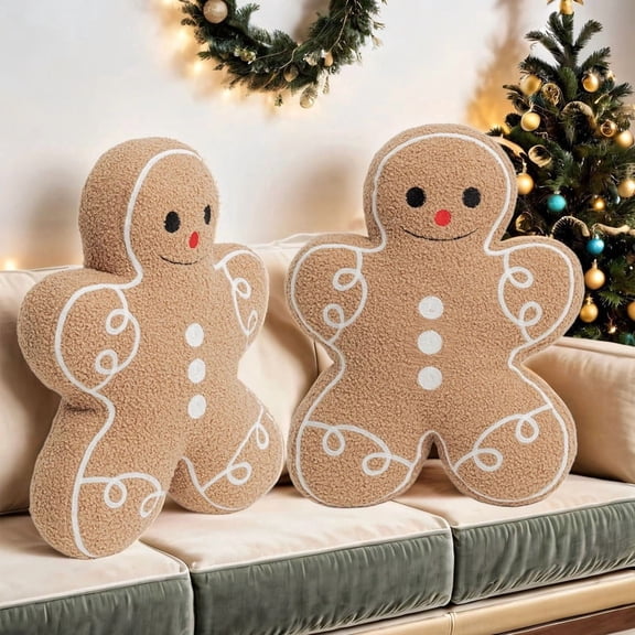 Gingerbread Man Merry Christmas Throw Pillow, Plush Teddy Xmas Gingerbread Shaped Pillows Christmas Decorative Pillow for Couch Living Room Bed, Beige,13 x 17 inches