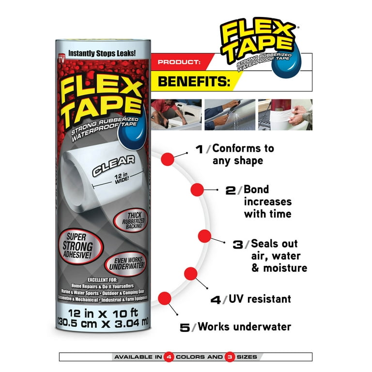 Flex Tape Strong Rubberized Waterproof Tape, 4 inches x 5 feet, Clear