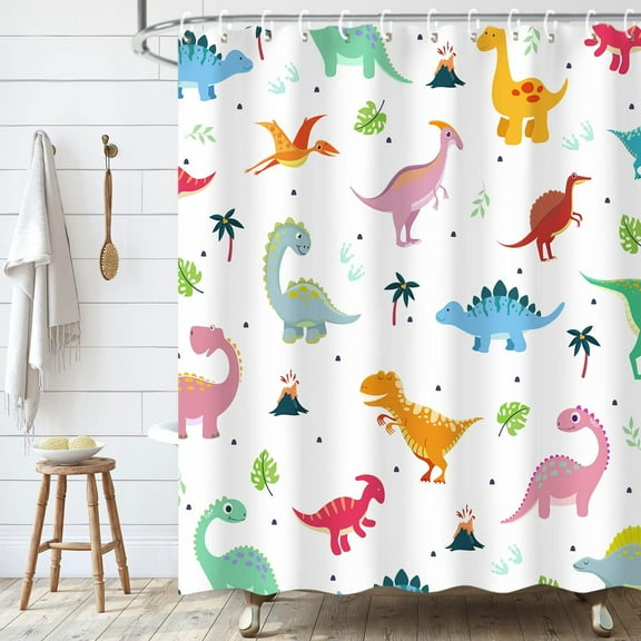 Dinosaur Shower Curtain Children Kids Shower Curtain,Colorful Cartoon Animal Cute Graffiti Bathroom Decor for Boy Waterproof with 12 Hooks, 72 x 72 Inch