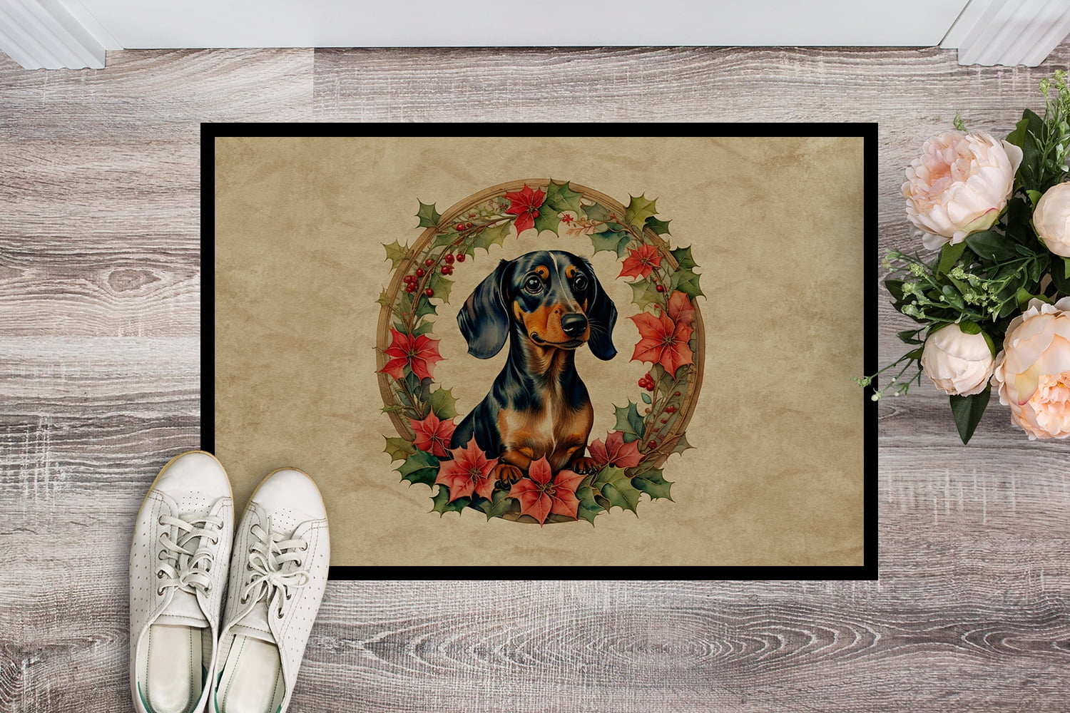 Carolines Treasures DAC2352MAT 18 x 27 in. Unisex Dachshund Christmas Flowers Doormat