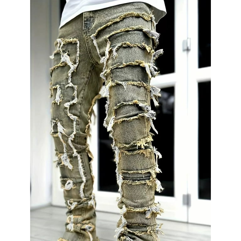 【DISCERNMENT】Camio Destroyed Washed Denim Pants New Premium Vintage Blue Stacked Jeans For Men Stretchy Raw