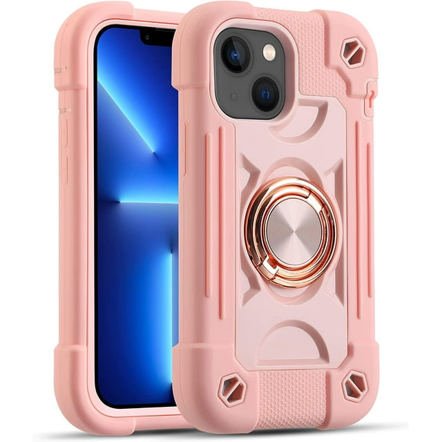Compatible avec iPhone 13 Mini/iPhone 12 Mini Étui 5.4 Pouces avec Support Anneau Rotatif 360° Intégré, Protection Complète de Qualité Militaire Robuste. (Rose)