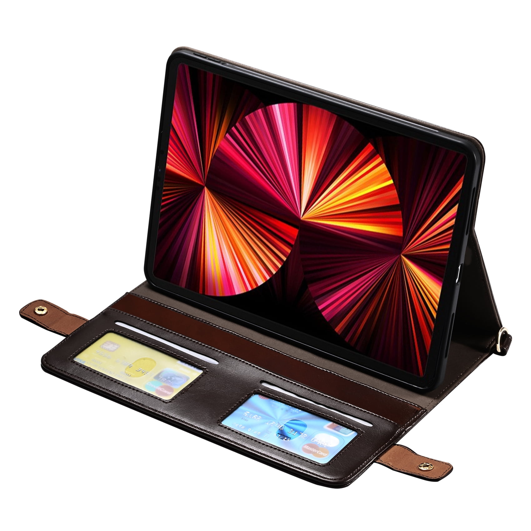 for iPad (A16) 11th Gen 2025 / iPad 10th Gen 10.9" 2022 PU Leather Case, with Pencil Holder, Money Pocket, Shoulder/Hand Strap, Card Slots Kickstand Flip Cover, Full Body Protection, Dark Coffee