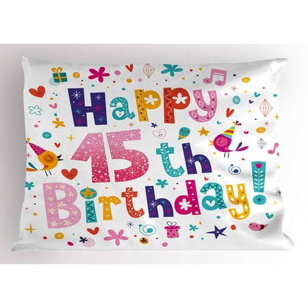 15th Birthday Pillow Sham Girlish Design Teenager In Cartoon Style