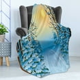 thumbnail image 4 of Winter Soft Flannel Fleece Throw Blanket, Forest View Graphic Display Print with Snowy Path Between Trees and Sun on Sky, Cozy Plush for Indoor and Outdoor Use, 60" x 80", Blue Yellow, by Ambesonne, 4 of 5