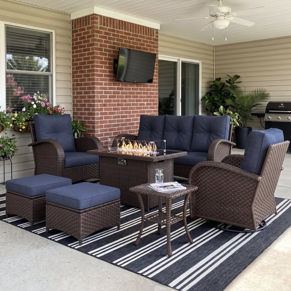 LayinSun 7 Pieces Outdoor Patio Furniture Set with Fire Pit Table, Rattan Wicker Sectional Swivel Rocker Chairs Sets