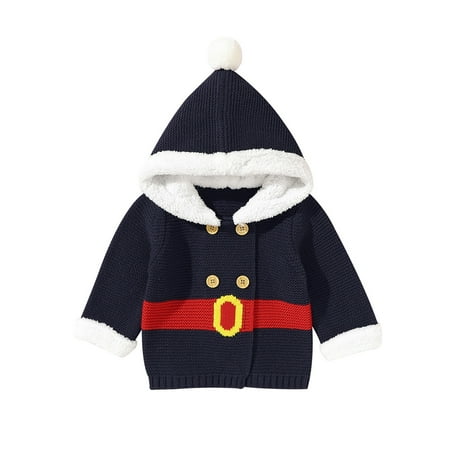 

TIREOW Comfortable Sweaters for Kids Baby Girls Boys Long Sleeve Knit Sweater Autumn Christmas Patchwork Button Pullover Hooded Cardigan Coat Jacket Clothes(6-12 Months Blue)