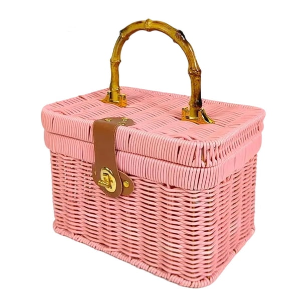 Cesta de almacenamiento tejida a mano con tapa organizadora con asa, diseño retro Rosa 235x16x16cm