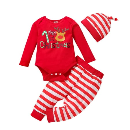 

Aompmsdx Baby Boys Girls Christmas Xmas Cartoon Deer Letter Printed Romper Bodysuit+Pants Hat Outfits Christmas Stranger Things