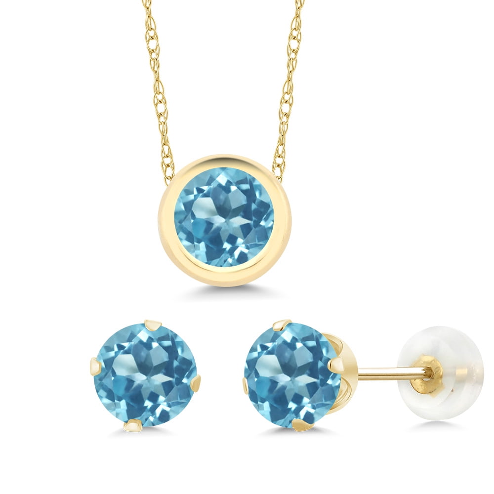 2.70 Ct Round Swiss Blue Topaz 14K Yellow Gold Pendant Earrings Set by
