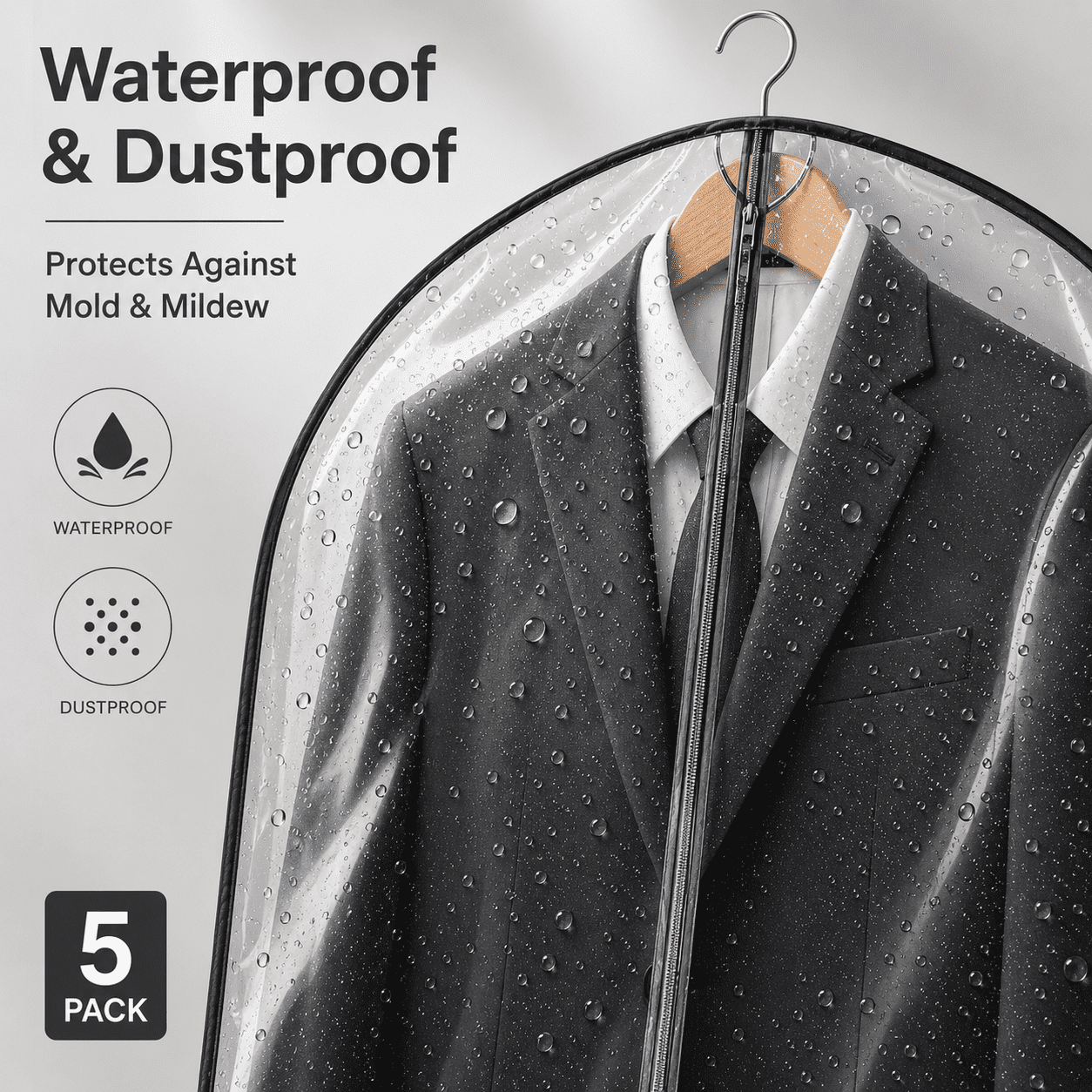 5-Pack 40-Inch Clear Garment Bags for Clothes - Waterproof, Dustproof, Hanging Storage Cover for Suits, Jackets, Sweaters, and Coats