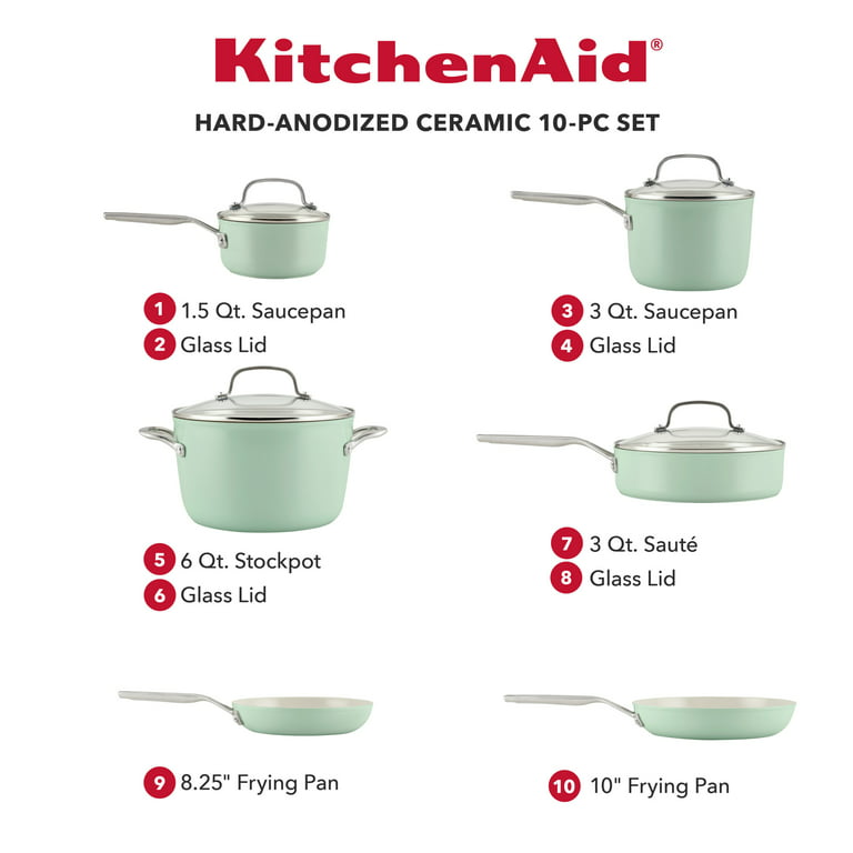KitchenAid Hard Anodized 10pc Nonstick Ceramic Cookware Pots and Pans Set -  Pistachio