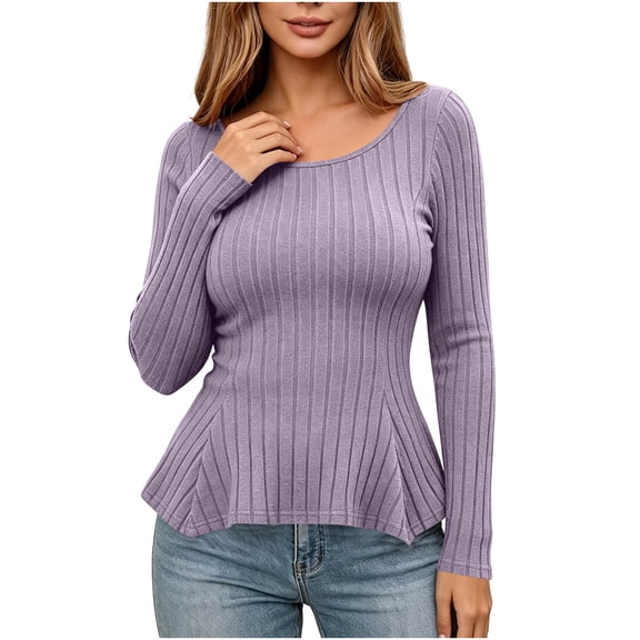 Horkkom Long Sleeve Shirts for Women Crew Neck Casual Solid Color Tops Trendy Fitted Knit Tops M
