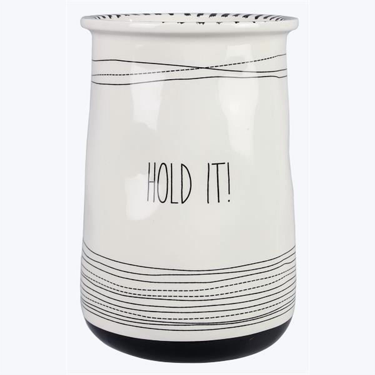 20142 - Young's Inc CERAMIC BLACK AND WHITE UTENSIL HOLDER/CROCK