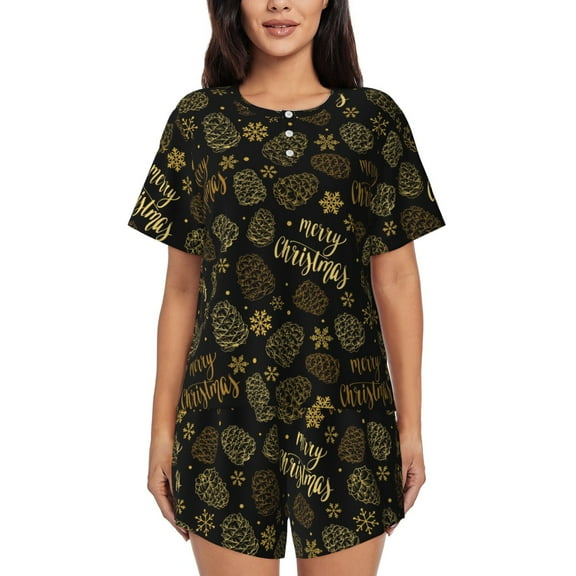 Logiee Gold Pinecone Merry Christmas Print Womens Pajamas Set,Short-Sleeve Pajama 2 Piece Sleepwear with Pockets-Small