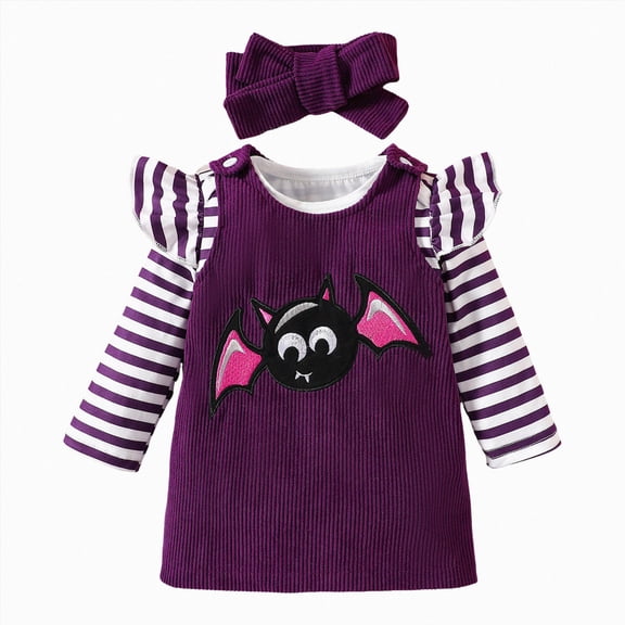 Xyant My First Halloween Baby Girl Outfit Pumpkin Ruffle Long Sleeve Romper Overall Dress Headband Set Cute Fall Winter Baby Clothes Girl (Purple,6-9 Months)