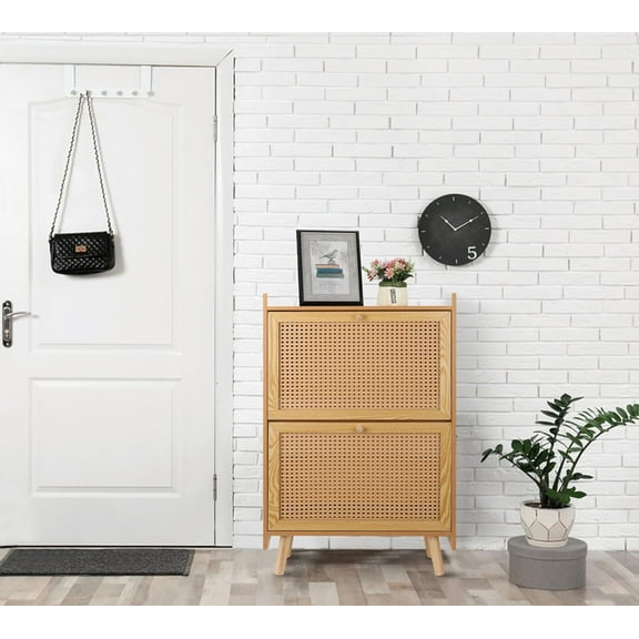 Slim Shoe Storage Cabinet for Entryway, Free Standing Shoe Racks for Entryway, Wooden Shoe Rack for Door 2 Flip Drawers Rattan Shoe Organizer, Natural Entryway Shoe Storage Organizer