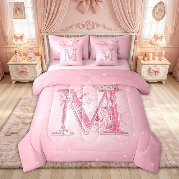 Feelyou Cartoon Dinosaur Letter A Print Twin Bedding Sets for Boys Girls, Cute Animal Bedding Comforter Set, Blue, Pink Reversible, 7pcs